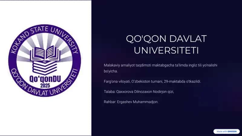Malakaviy amaliyot taqdimoti maktabgacha ta'limda ingliz tili yo'nalishi bo'yicha 1
