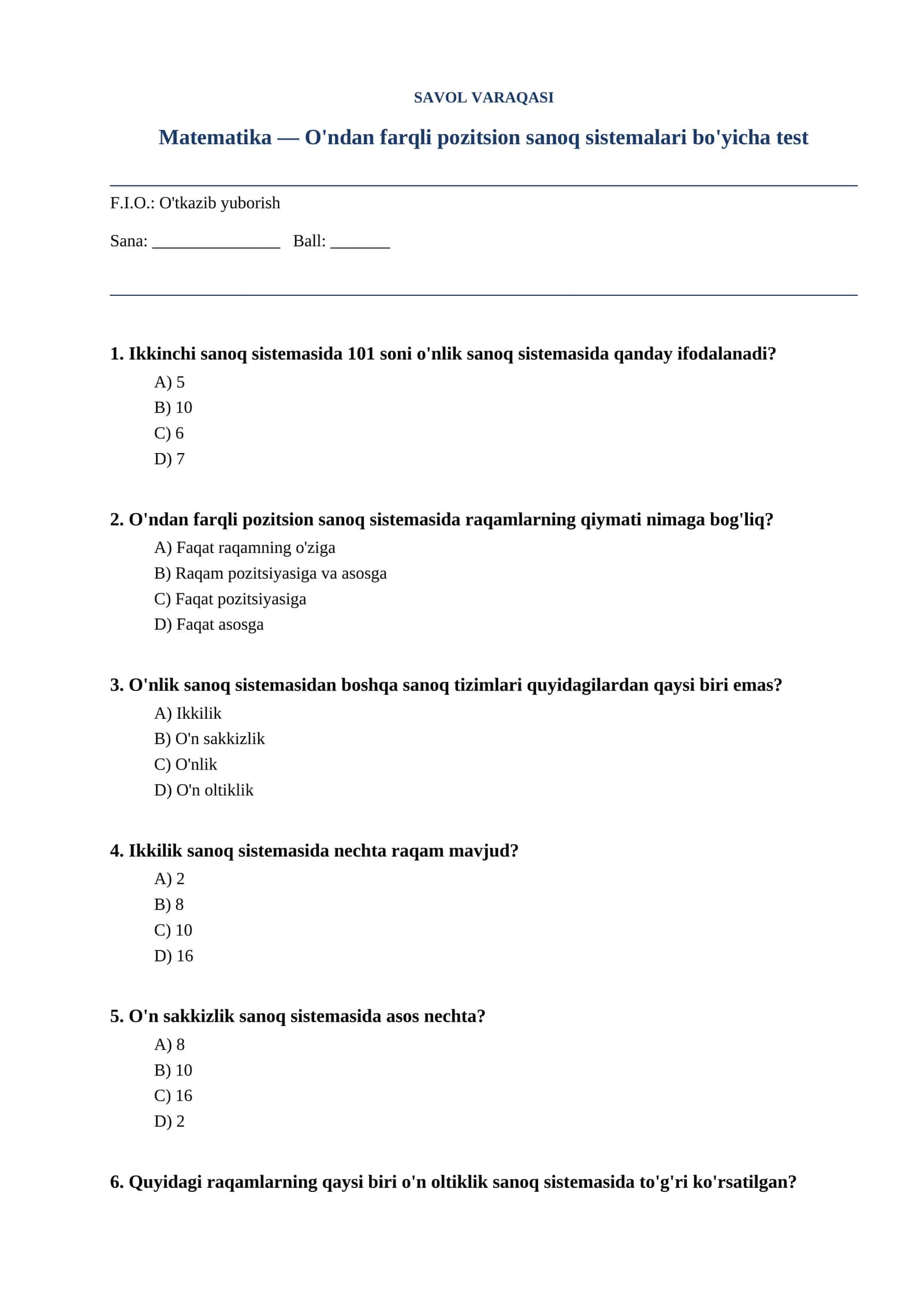 Matematika — O'ndan farqli pozitsion sanoq sistemalari bo'yicha test 1