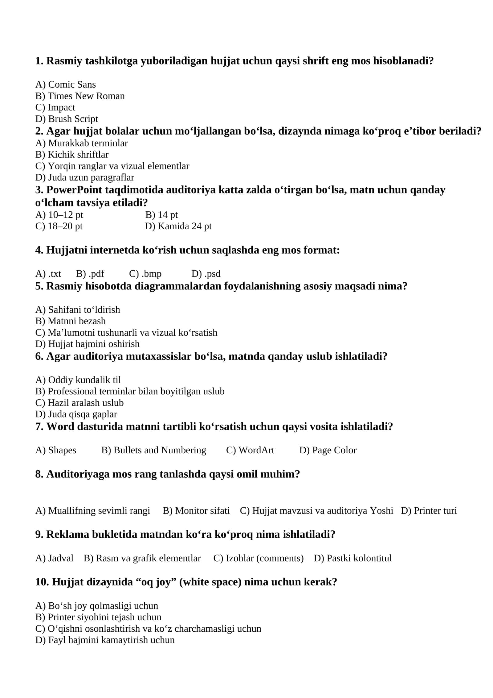 Rasmiy hisobotda diagrammalardan foydalanishning asosiy maqsadi nima? 1