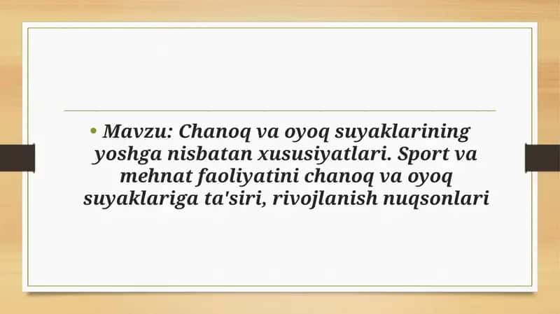 Chanoq va oyoq suyaklarining yoshga nisbatan xususiyatlari. Sport va mehnat faoliyatini chanoq va oyoq suyaklariga ta'siri, rivojlanish nuqsonlari 1