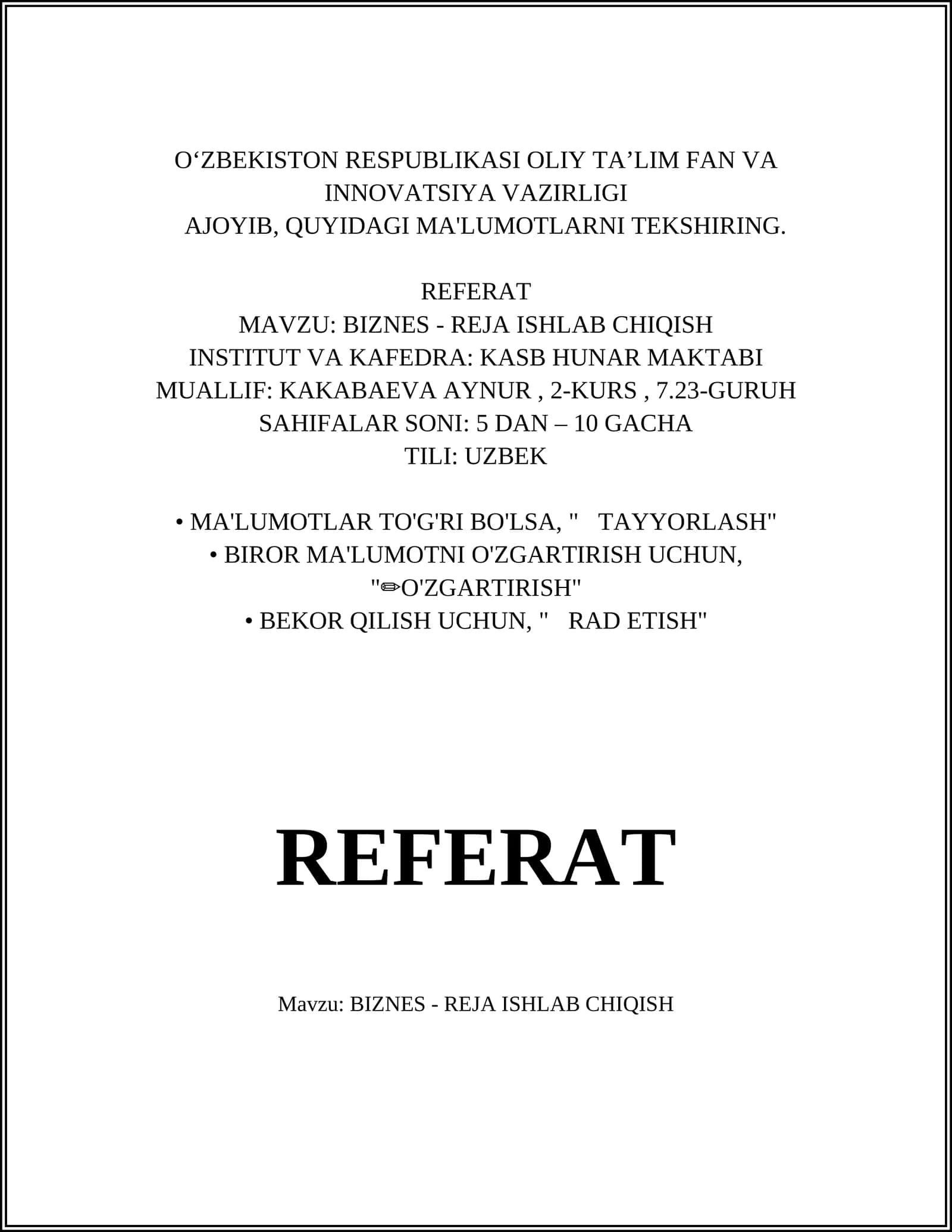 BIZNES - REJA ISHLAB CHIQISH 1