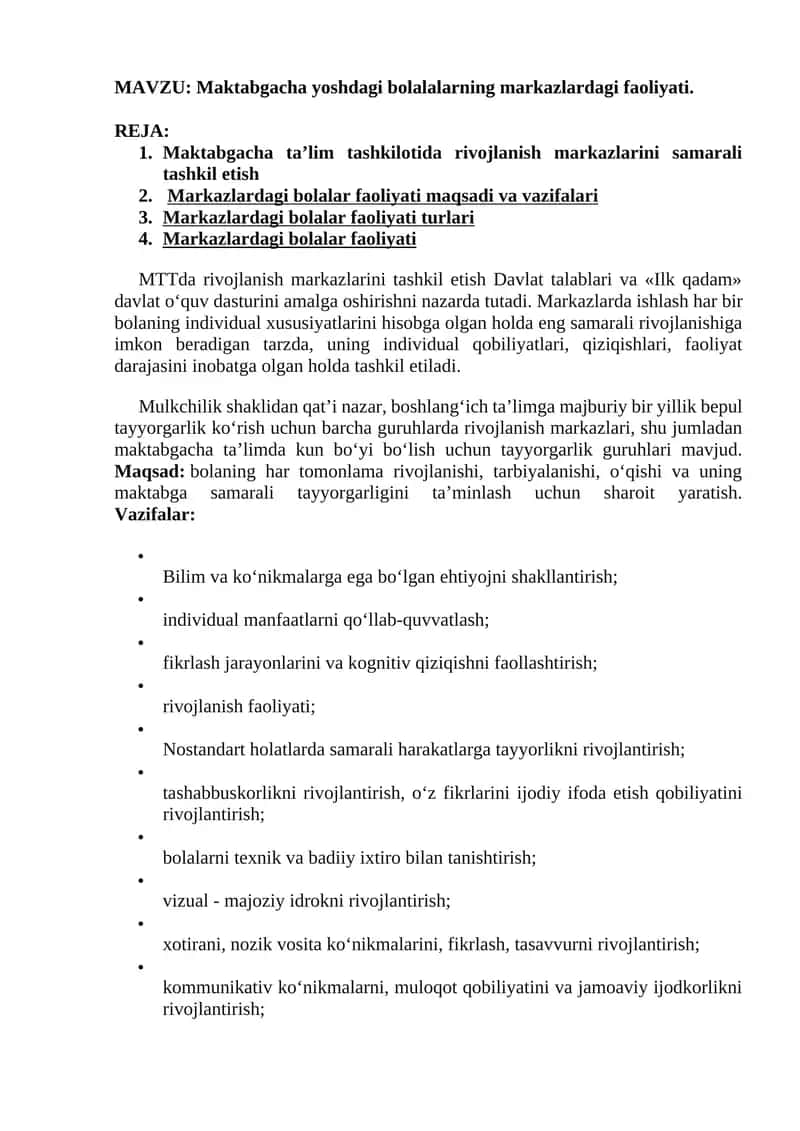 Maktabgacha yoshdagi bolalalarning markazlardagi faoliyati 1