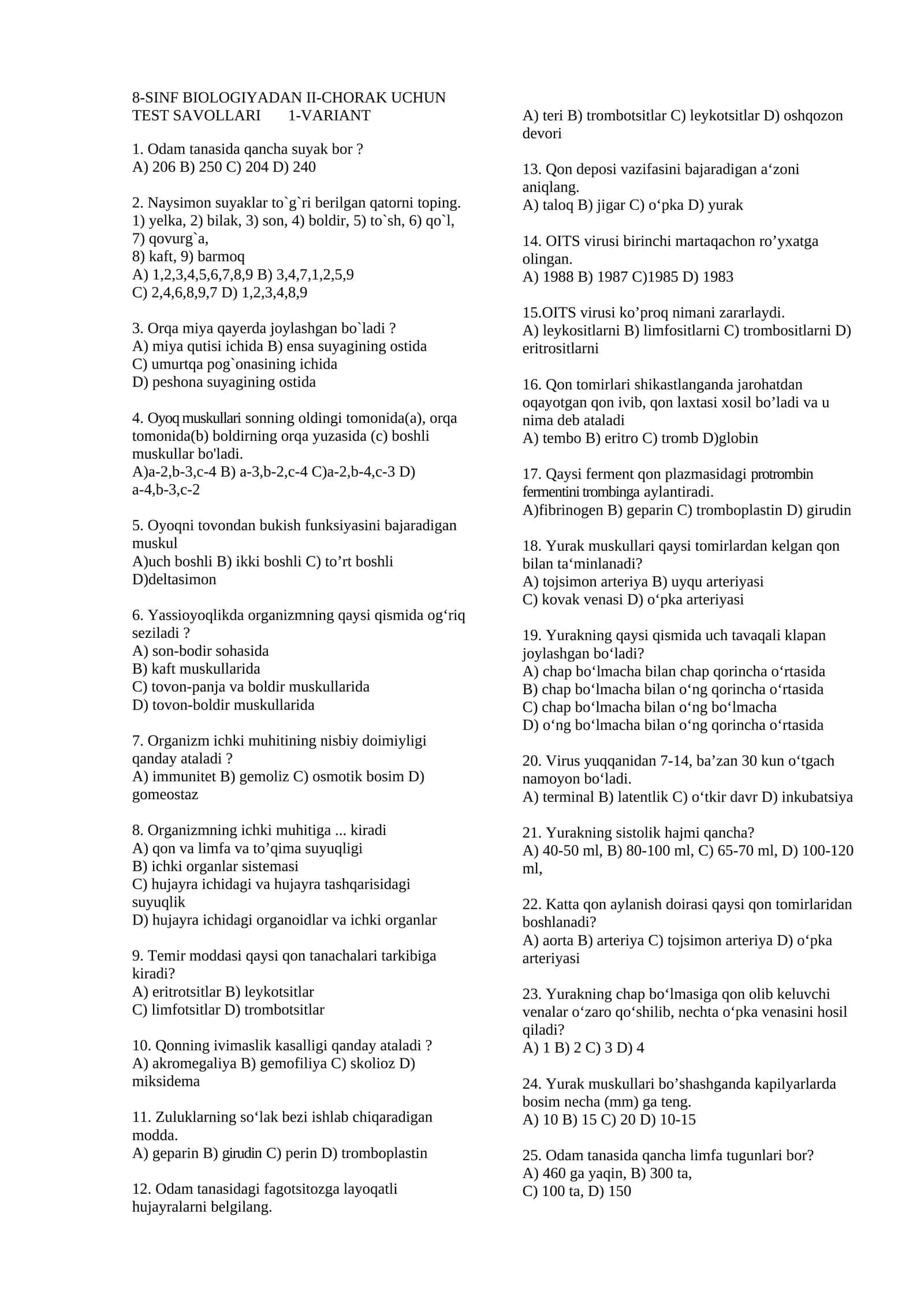 8-SINF BIOLOGIYADAN II-CHORAK UCHUN TEST SAVOLLARI 1-VARIANT 1