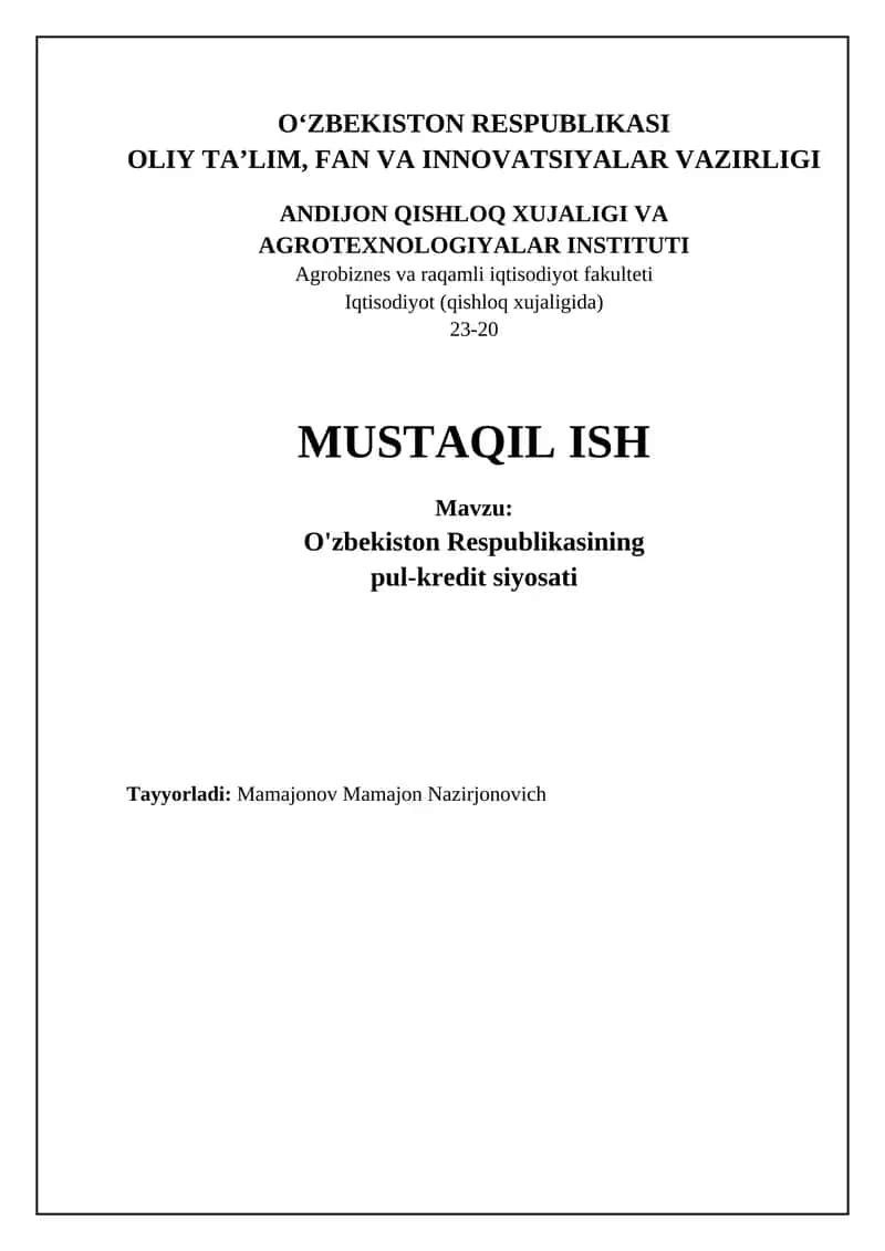 O'zbekiston Respublikasining pul-kredit siyosati 1