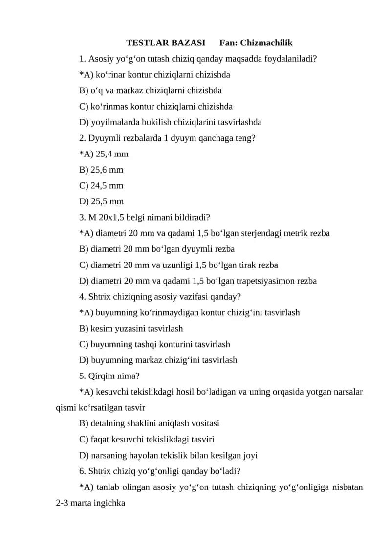 TESTLAR BAZASI Fan: Chizmachilik 1