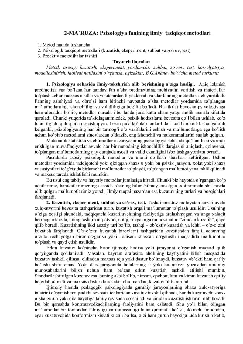 Psixologiya fanining ilmiy tadqiqot metodlari 1