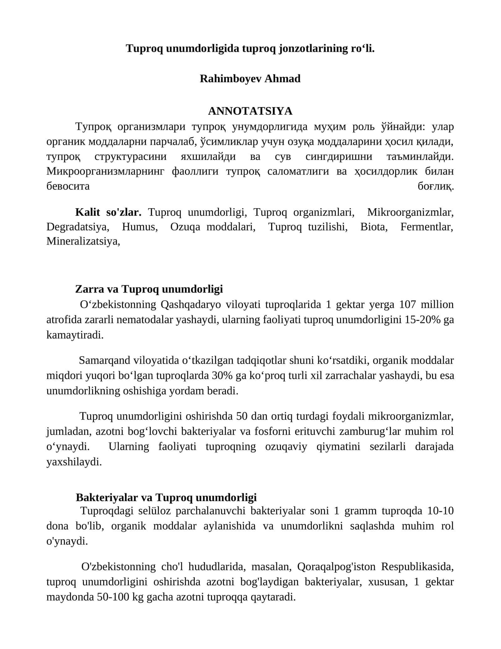 Zarra va Tuproq unumdorligi 1