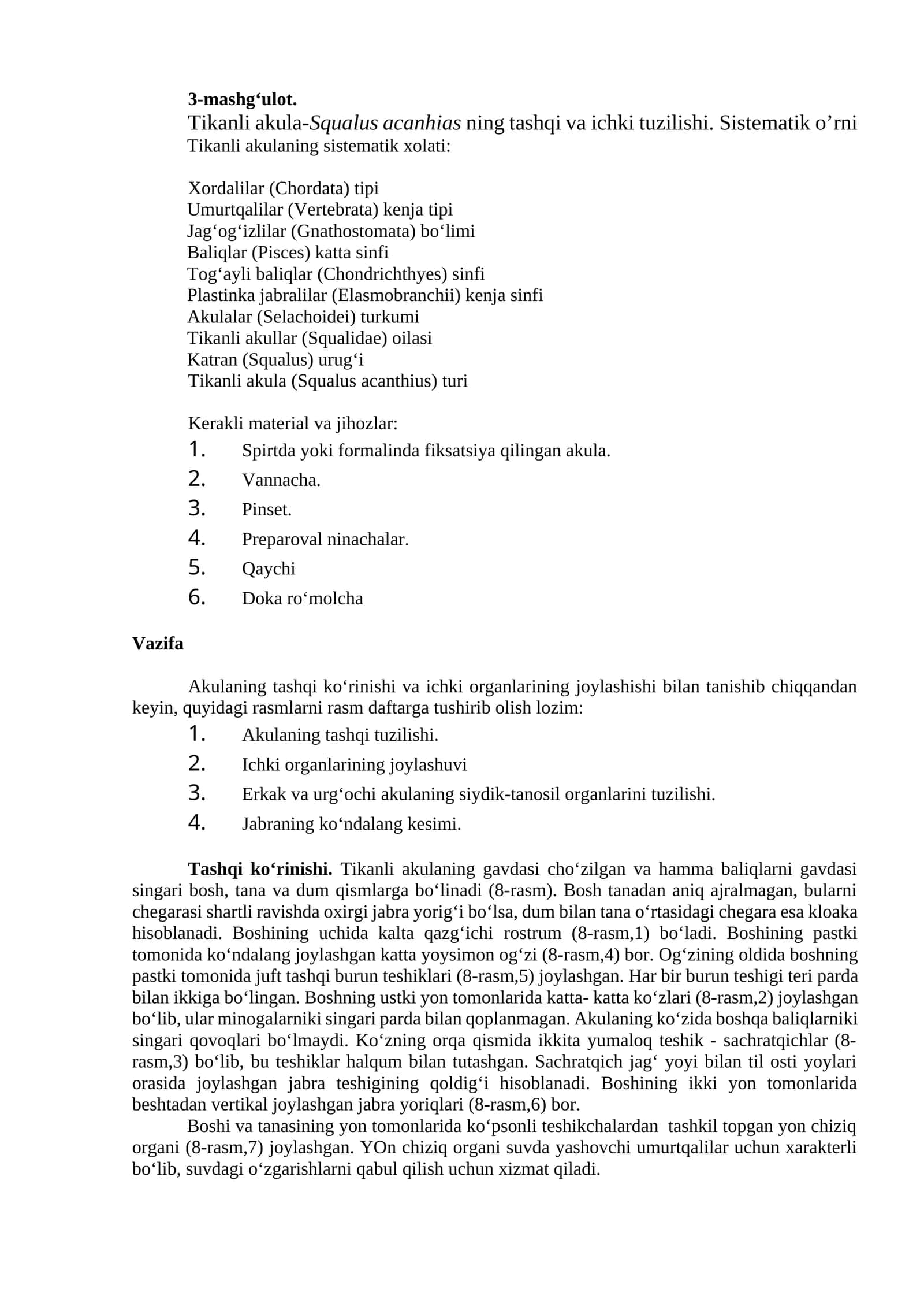 Tikanli akula-Squalus acanhias ning tashqi va ichki tuzilishi. Sistematik o’rni 1