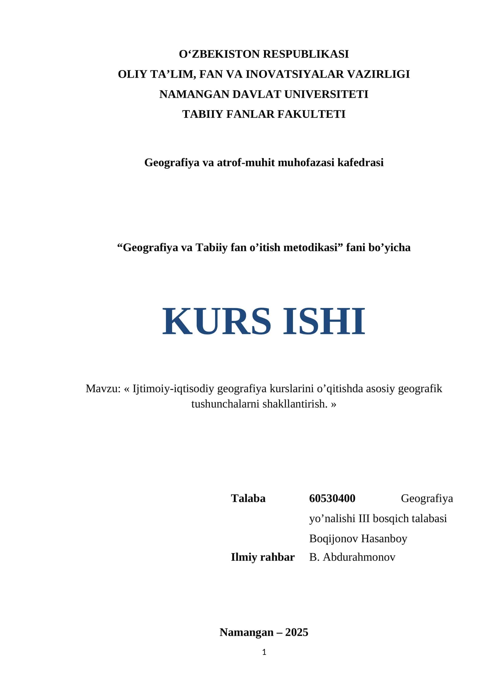 KURS ISHI: Geografiya va Tabiiy fan o’itish metodikasi 1
