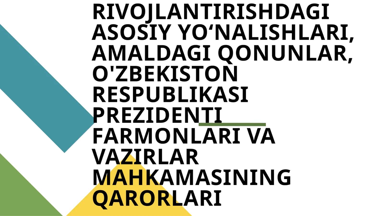O'ZBEKISTONDA AXBOROT KOMMUNIKATSIYA SOHASINI RIVOJLANTIRISHDAGI ASOSIY YOʻNALISHLARI, AMALDAGI QONUNLAR, O'ZBEKISTON RESPUBLIKASI PREZIDENTI FARMONLARI VA VAZIRLAR MAHKAMASINING QARORLARI 1