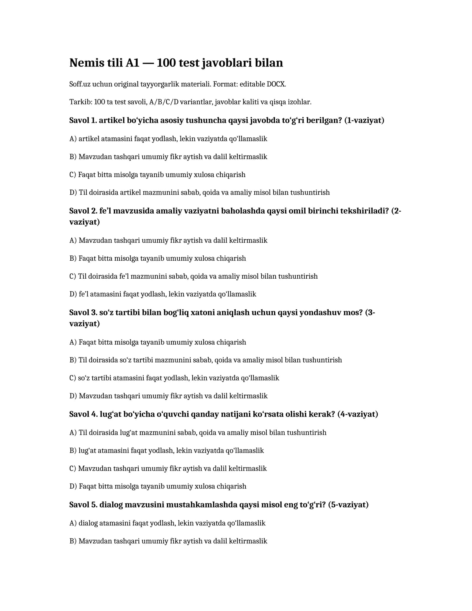 Nemis tili A1 — 100 test javoblari bilan 1