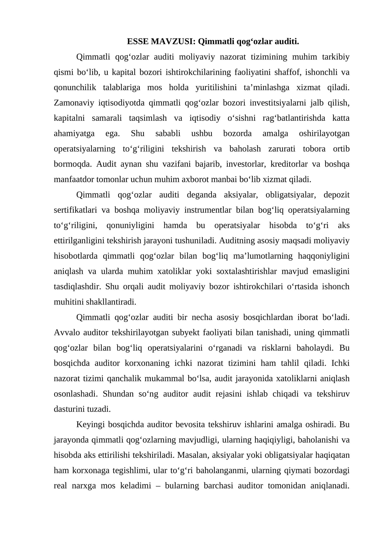 Qimmatli qogʻozlar auditi. esse 1