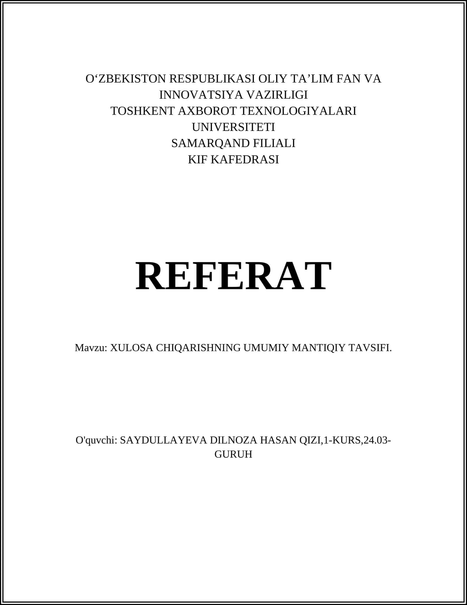 Xulosa chiqarishning mantiy sohalari 1