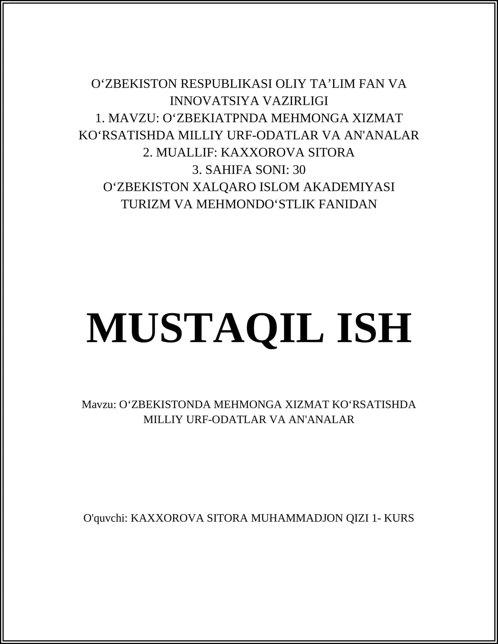 Oʻzbekistonda mehmonga xizmat koʻrsatishda milliy urf-odatlar va an'analar 1