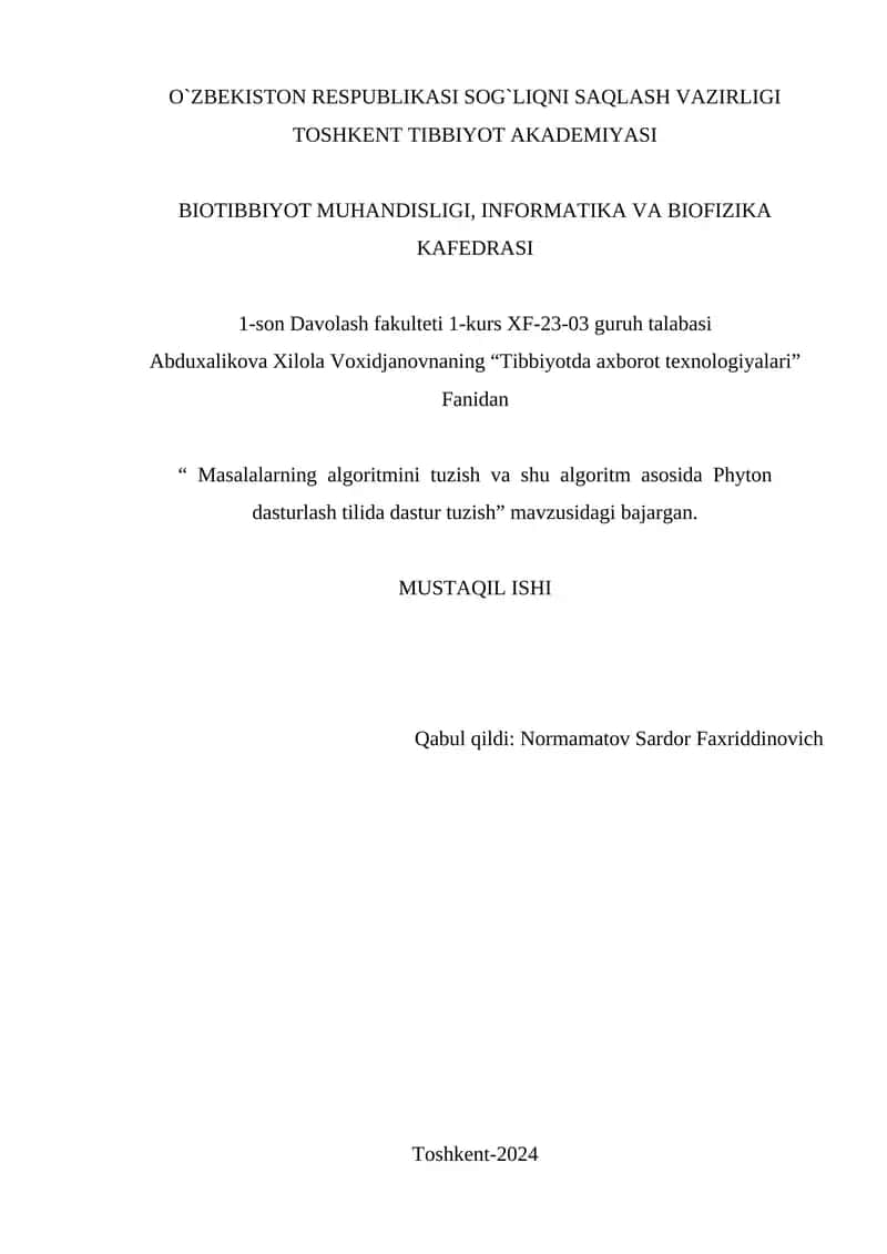 Tibbiyotda axborot texnologiyalari 1