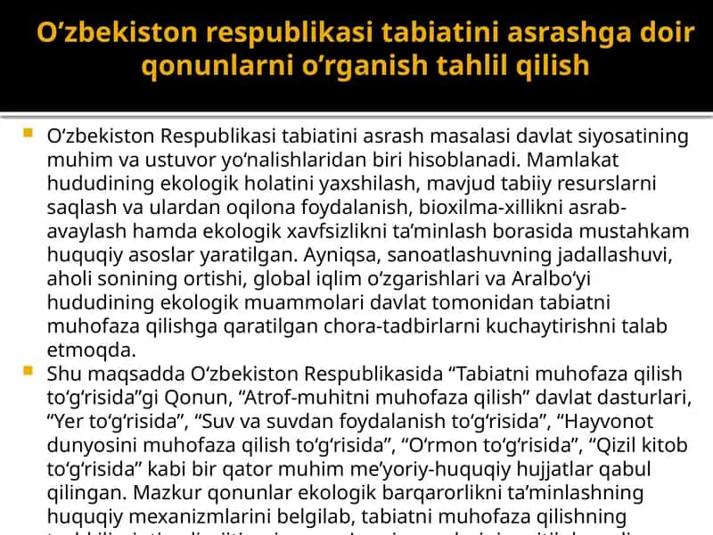O’zbekiston respublikasi tabiatini asrashga doir qonunlarni o’rganish tahlil qilish 1