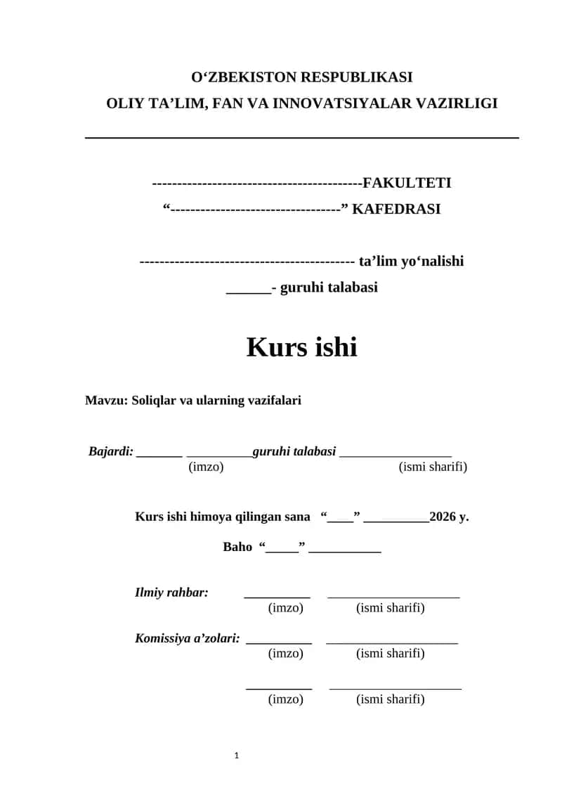 Soliqlar va ularning vazifalari kurs ishi 1