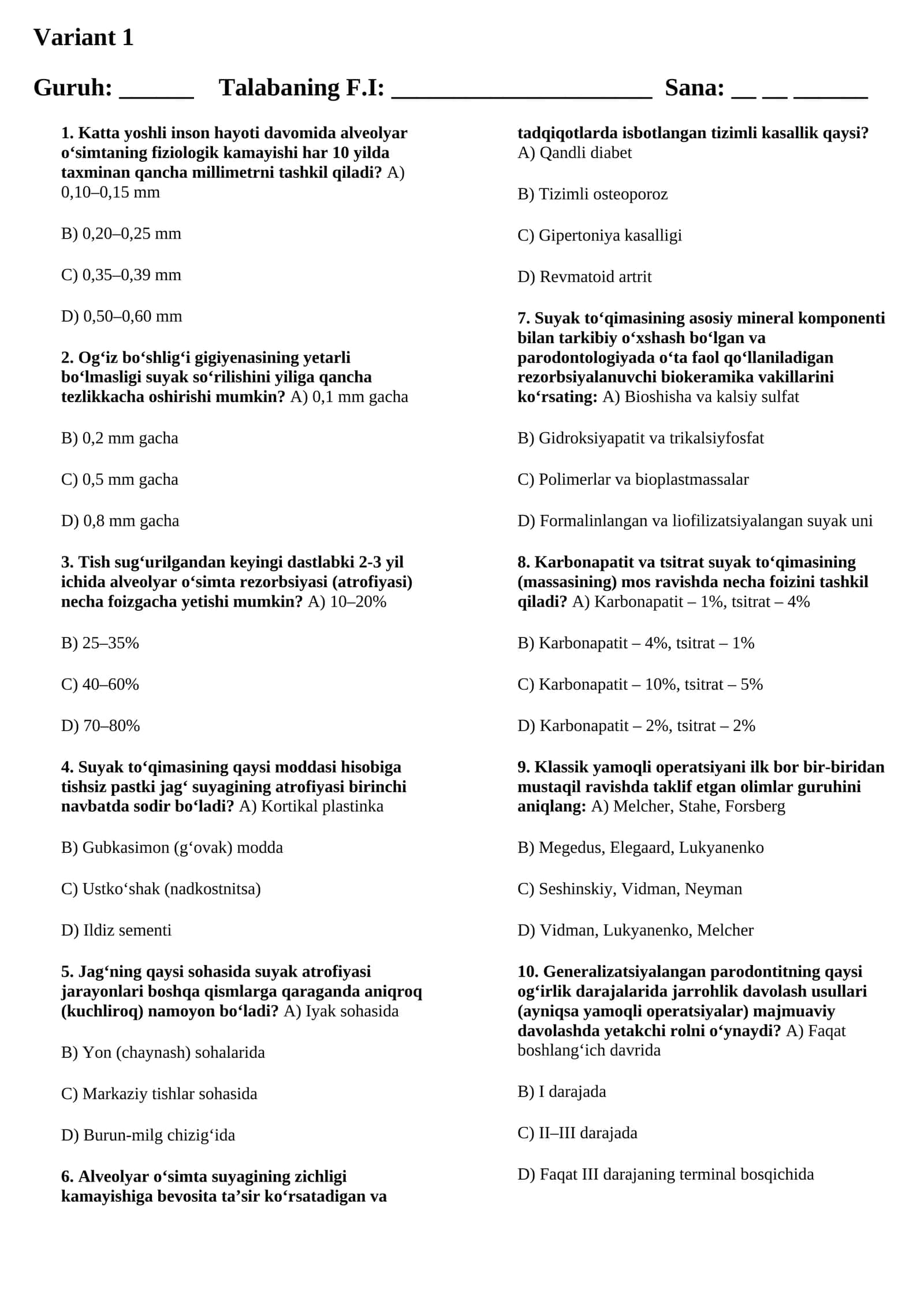 Paradontologiyadan test 1