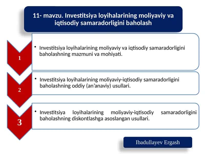 Investitsiyaloyihalarining moliyaviy vaiqtisodiy samaradorligini baholash mazmuni va mohiyati 1
