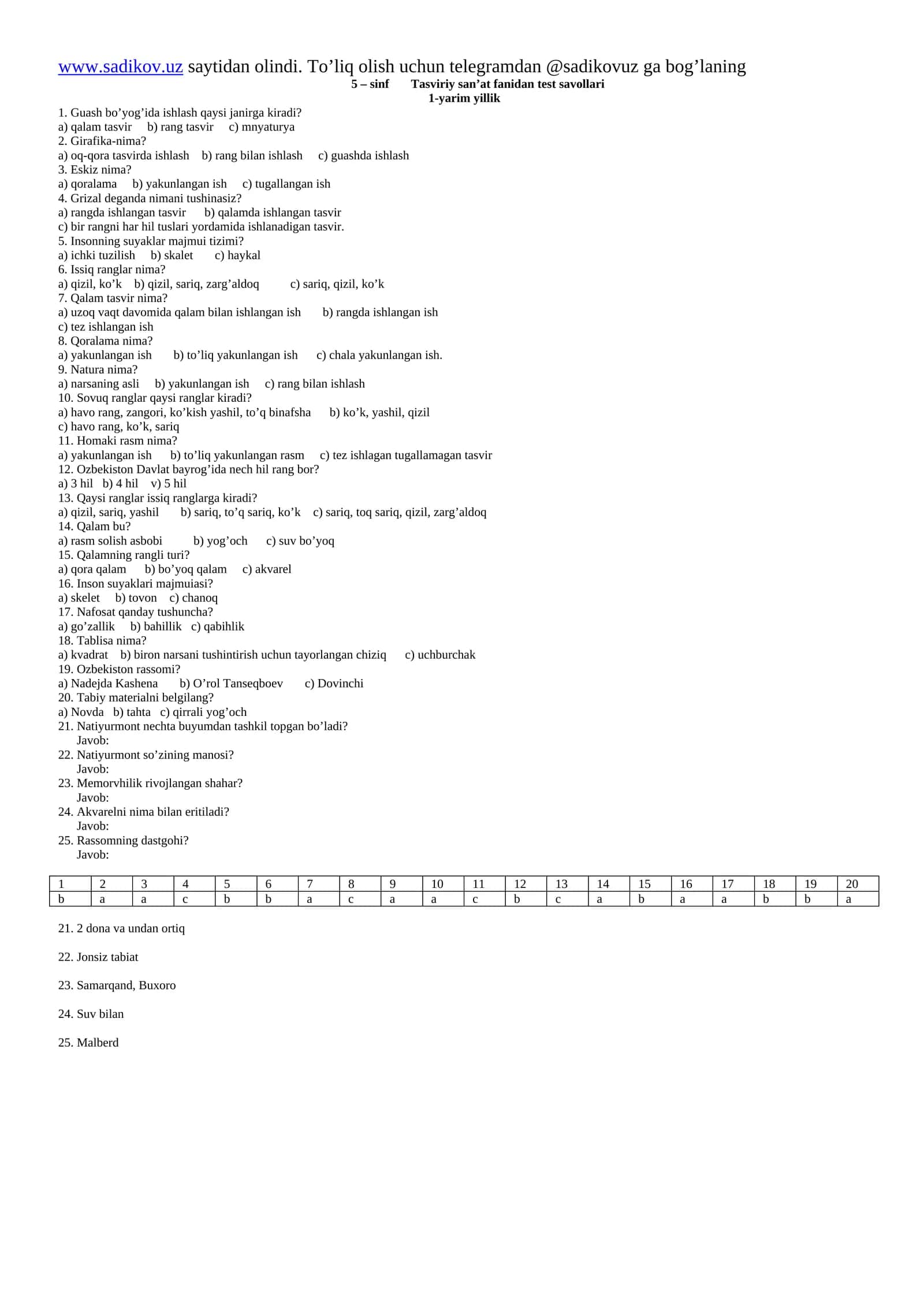 5 – sinf Tasviriy san’at fanidan test savollari 1