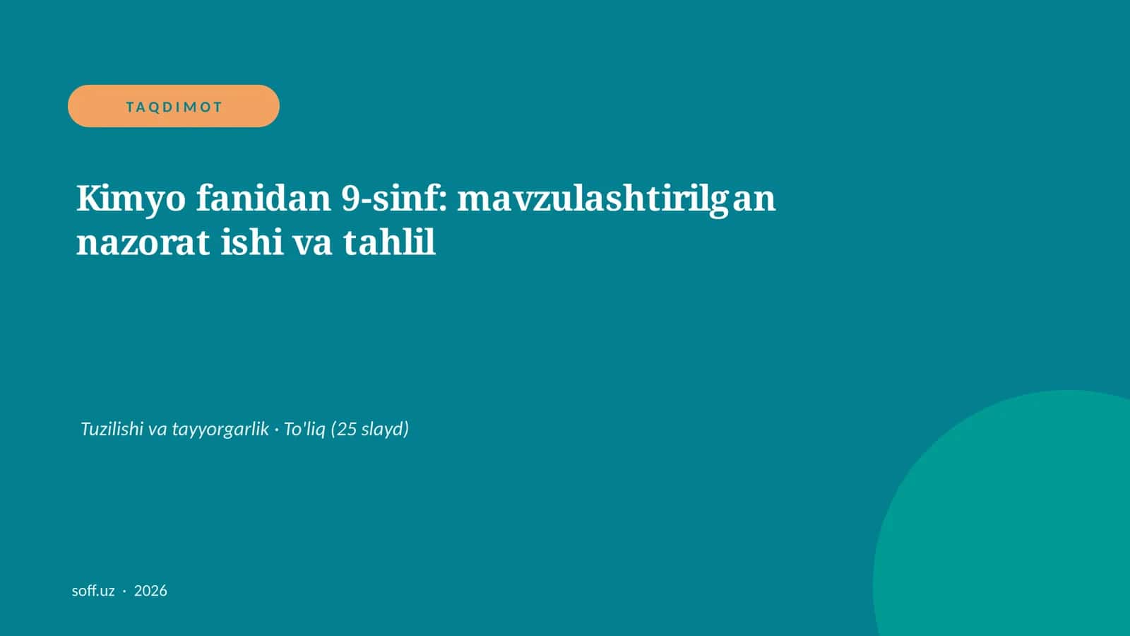 Kimyo fanidan 9-sinf: mavzulashtirilgan nazorat ishi va tahlil 1