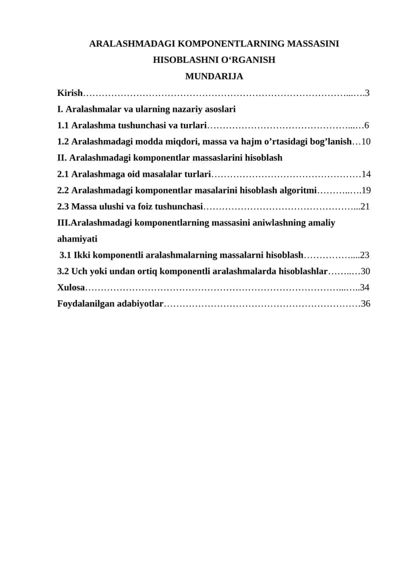 ARALASHMADAGI KOMPONENTLARNING MASSASINI HISOBLASHNI O‘RGANISH 1