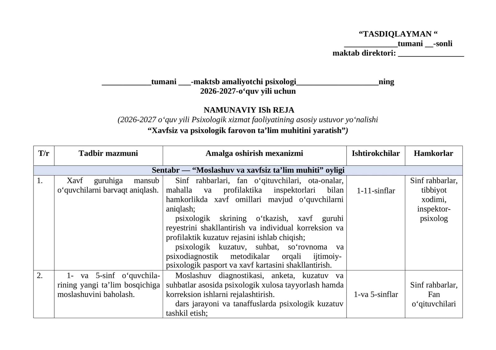 MAKTAB PSIXOLOGI ISH REJASI 2026-2027 O'QUV YILI 1