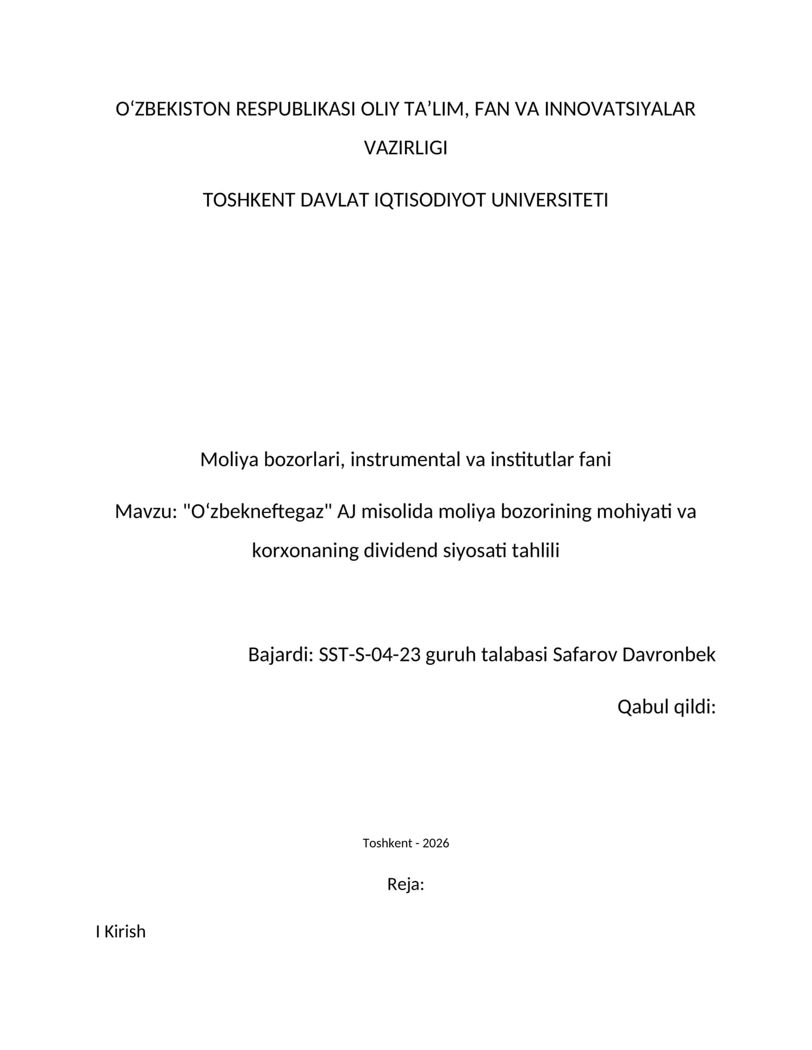 "O‘zbekneftegaz" AJ misolida moliya bozorining mohiyati va korxonaning dividend siyosati tahlili 1