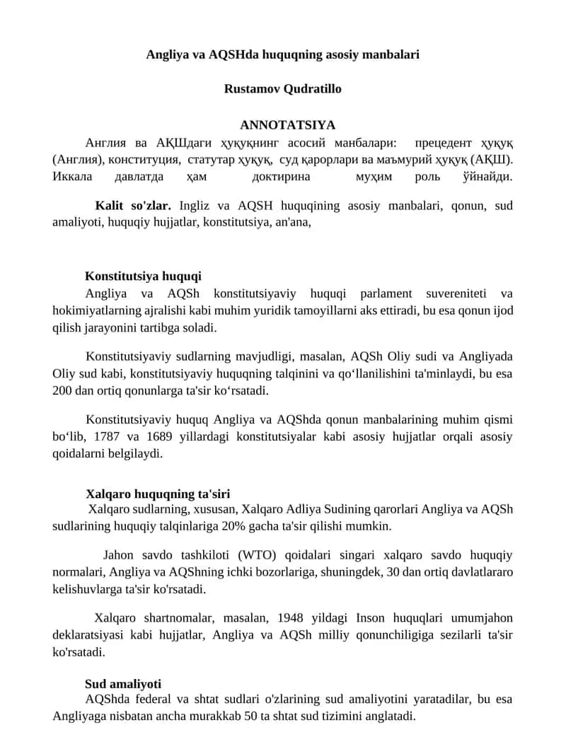 Angliya va AQSHda huquqning asosiy manbalari 1