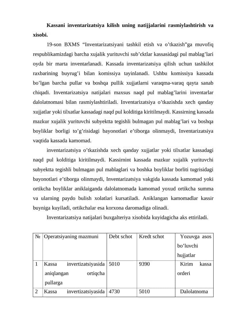 Kassani inventarizatsiya qilish uning natijjalarini rasmiylashtirish va xisobi. 1