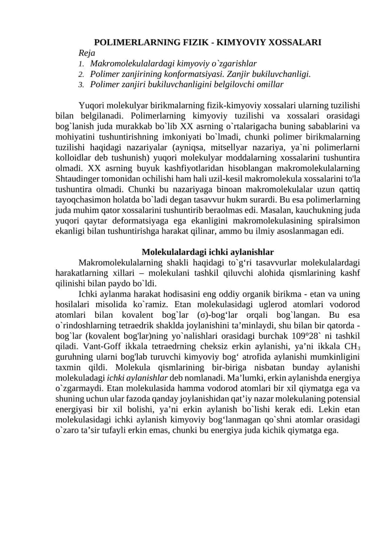 POLIMERLARNING FIZIK - KIMYOVIY XOSSALARI 1