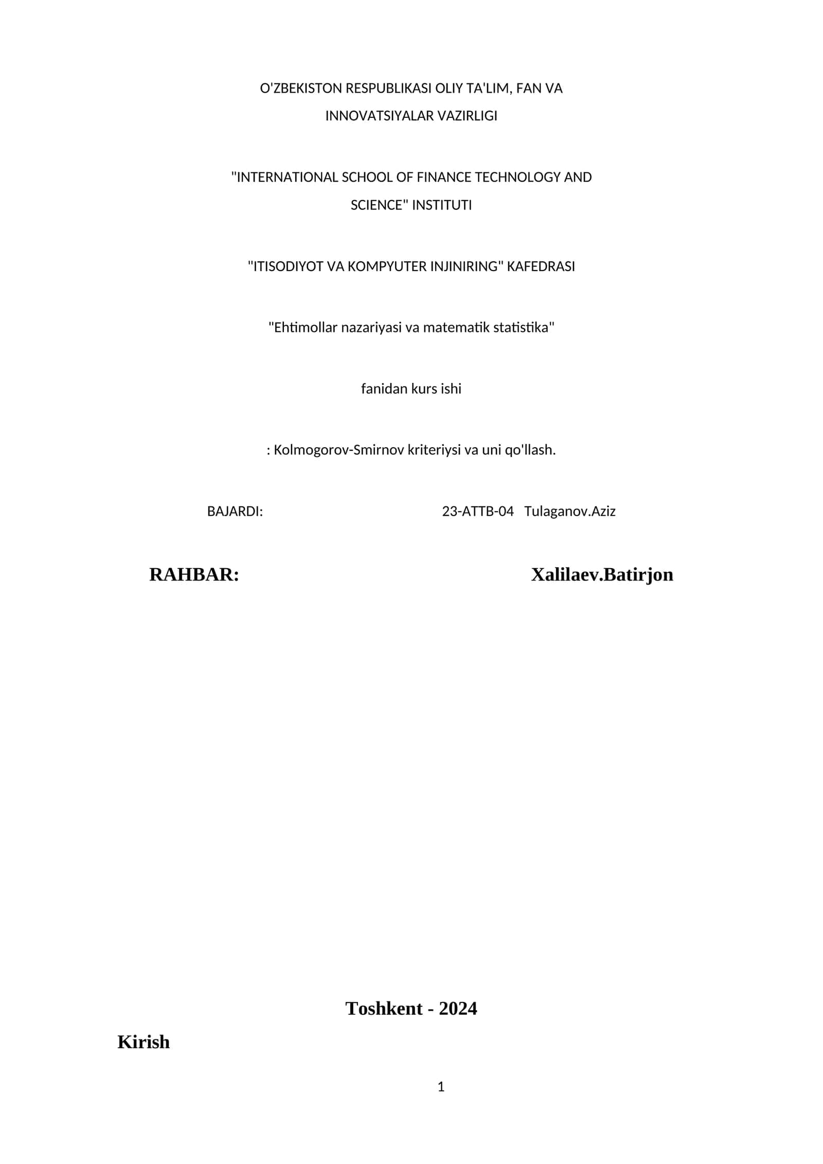Kolmogorov-Smirnov kriteriyasi va uni qo'llash 1