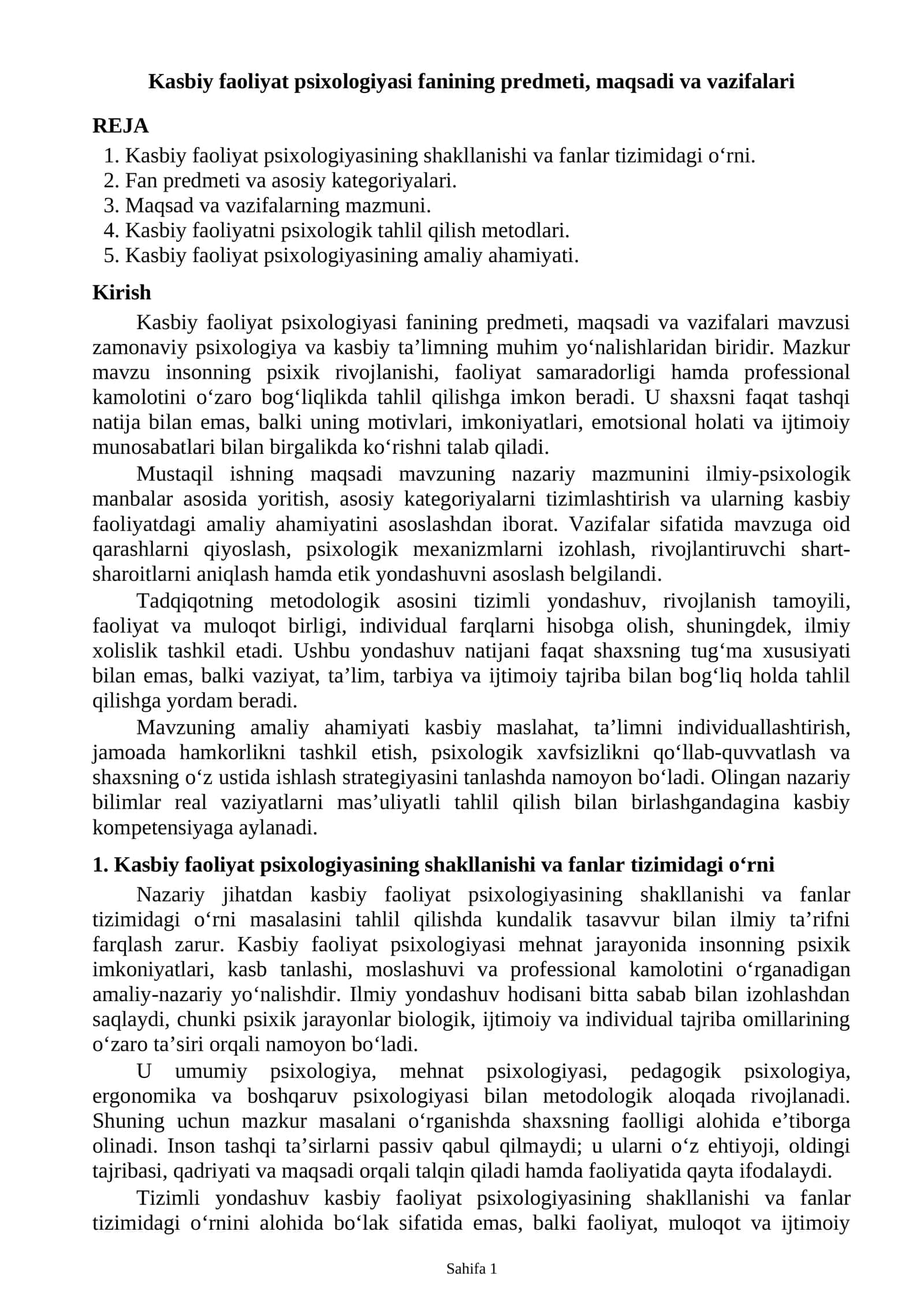 Kasbiy faoliyat psixologiyasi fanining predmeti, maqsadi va vazifalari 1