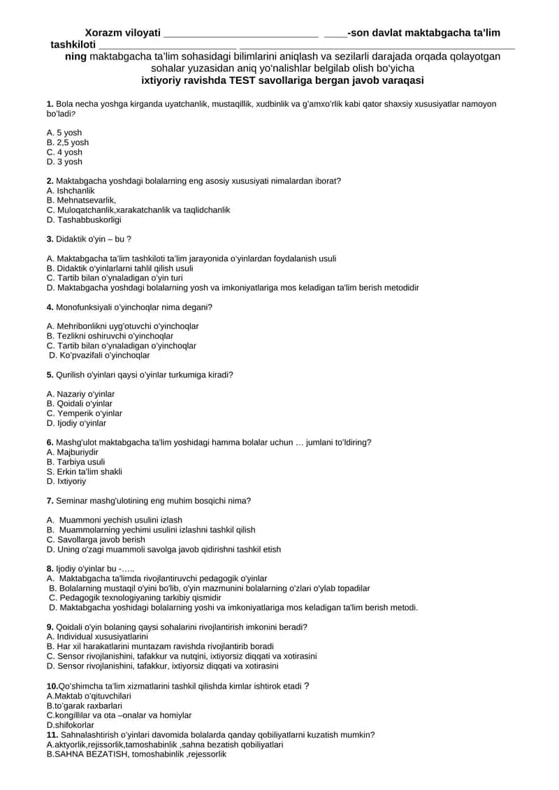 TEST savollariga bergan javob varaqasi 1