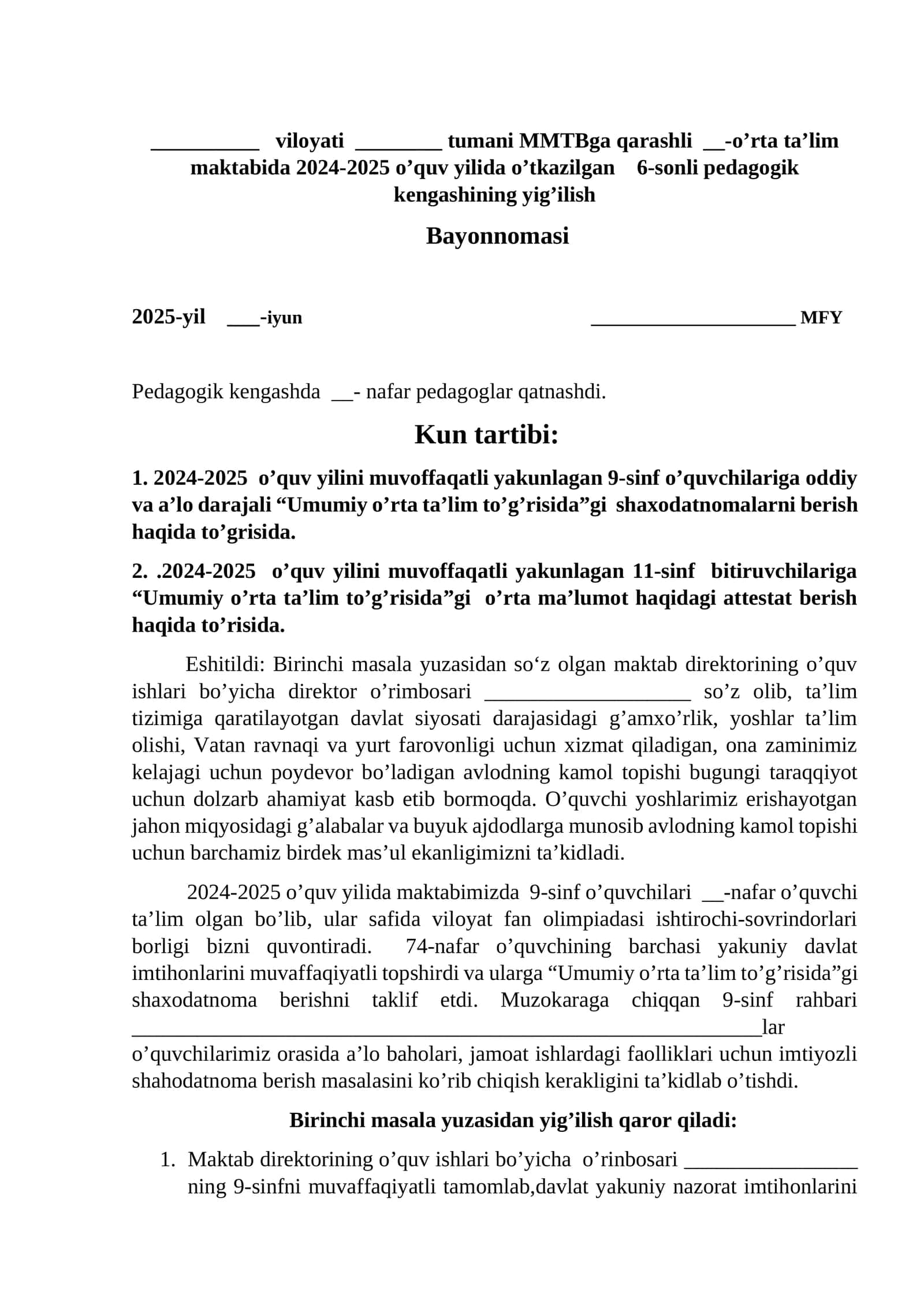 Pedagogik kengash bayonnomasi 1