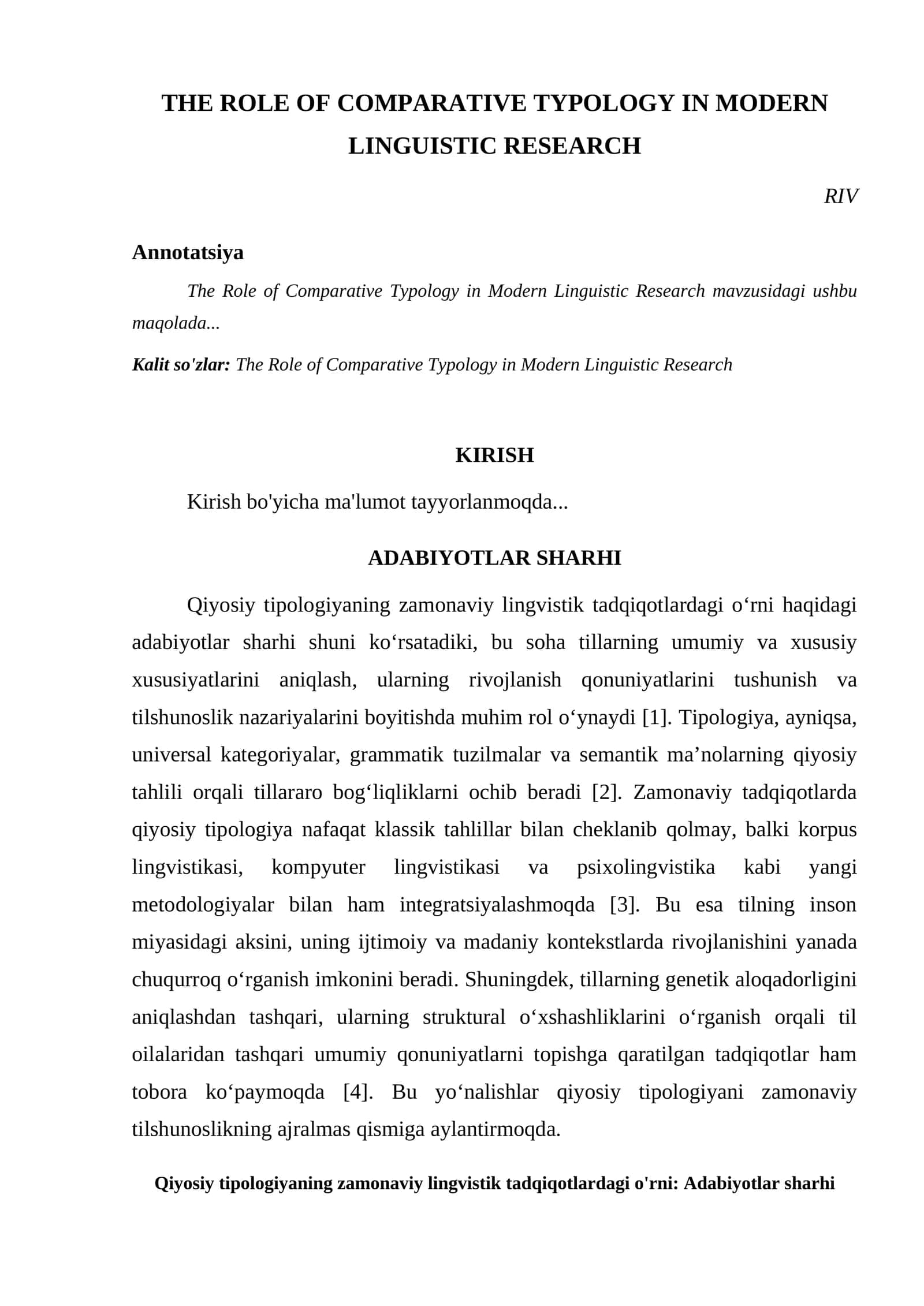 THE ROLE OF COMPARATIVE TYPOLOGY IN MODERN LINGUISTIC RESEARCH 1