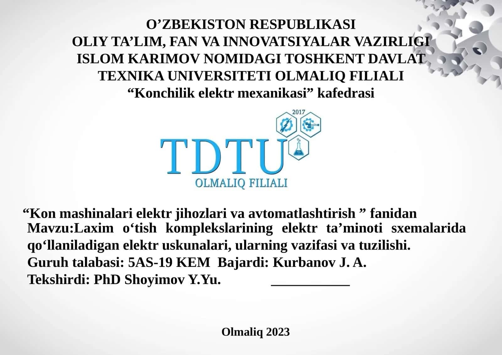Laxim o‘tish komplekslarining elektr ta’minoti sxemalarida qo‘llaniladigan elektr uskunalari, ularning vazifasi va tuzilishi 1