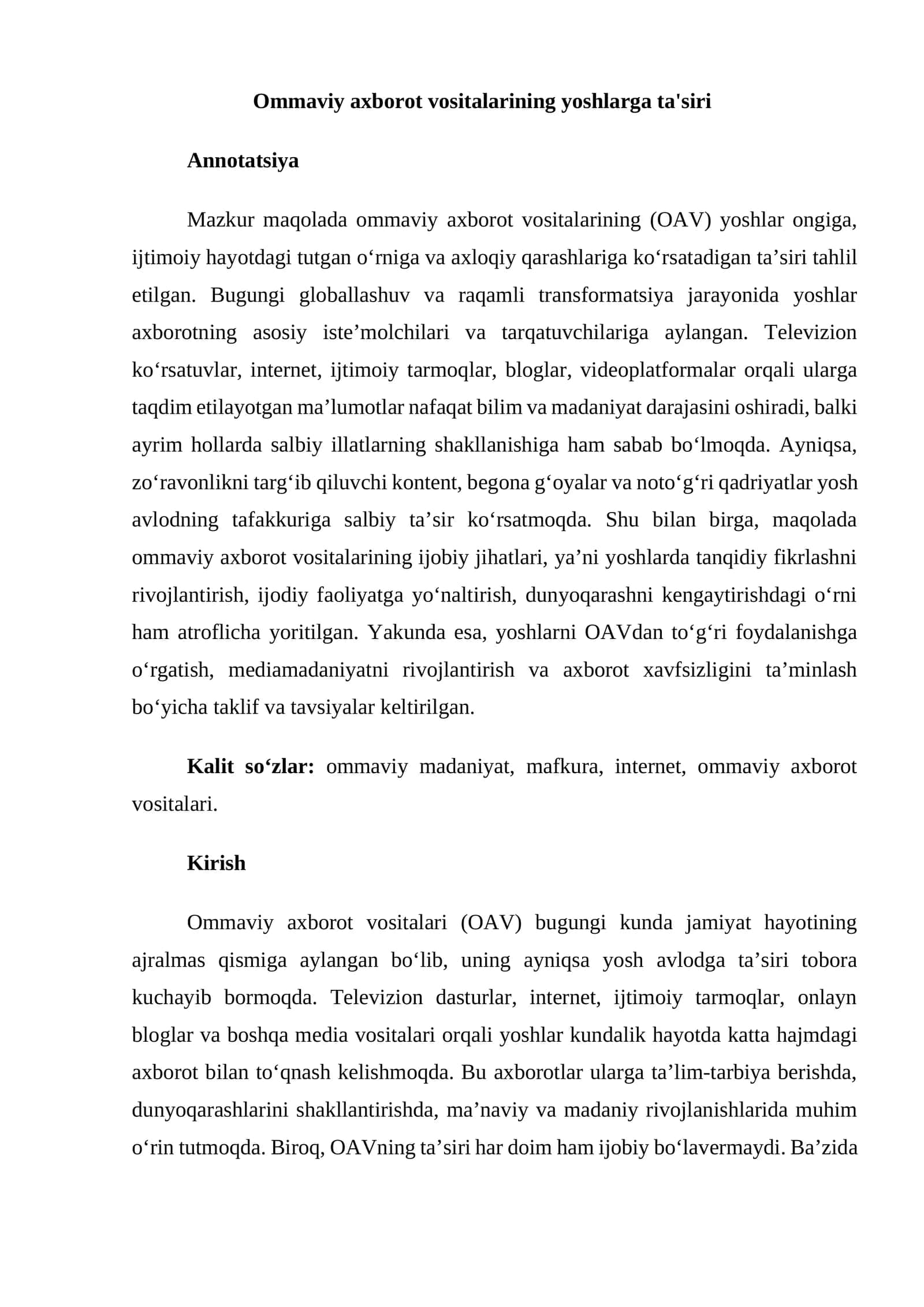 Ommaviy axborot vositalarining yoshlarga ta'siri 1