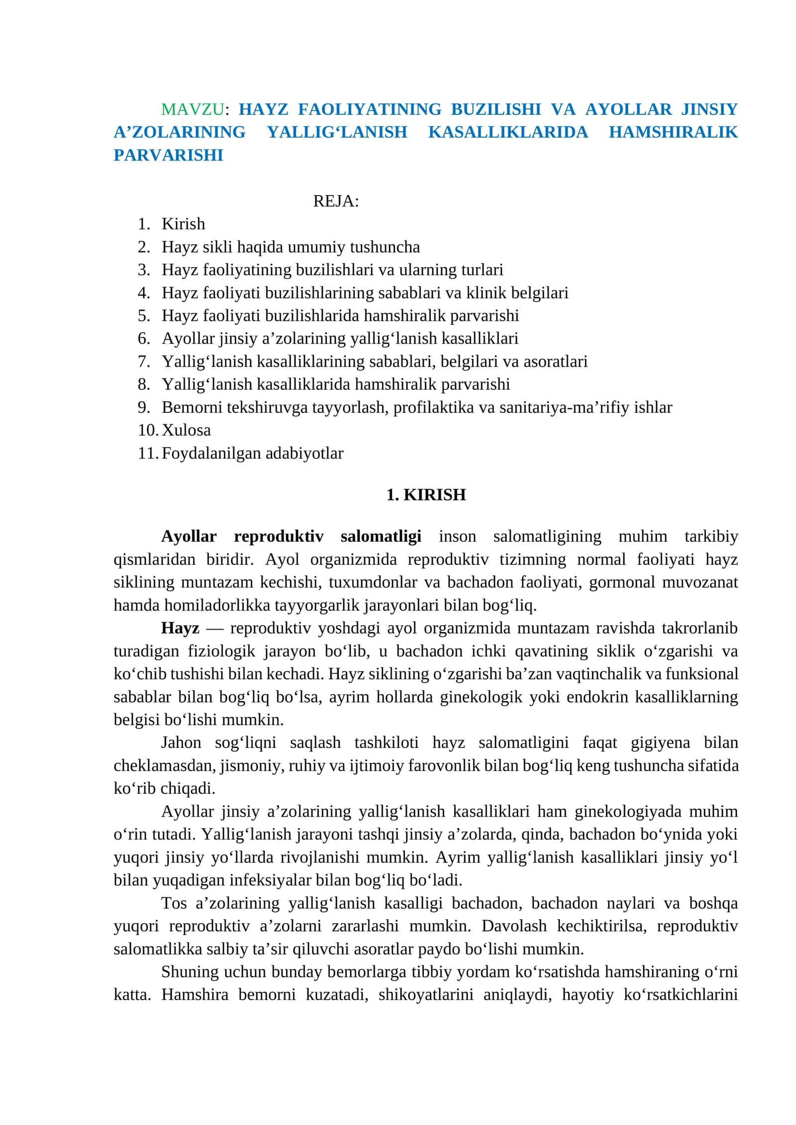HAYZ FAOLIYATINING BUZILISHI VA AYOLLAR JINSIY A’ZOLARINING YALLIG‘LANISH KASALLIKLARIDA HAMSHIRALIK PARVARISHI 1