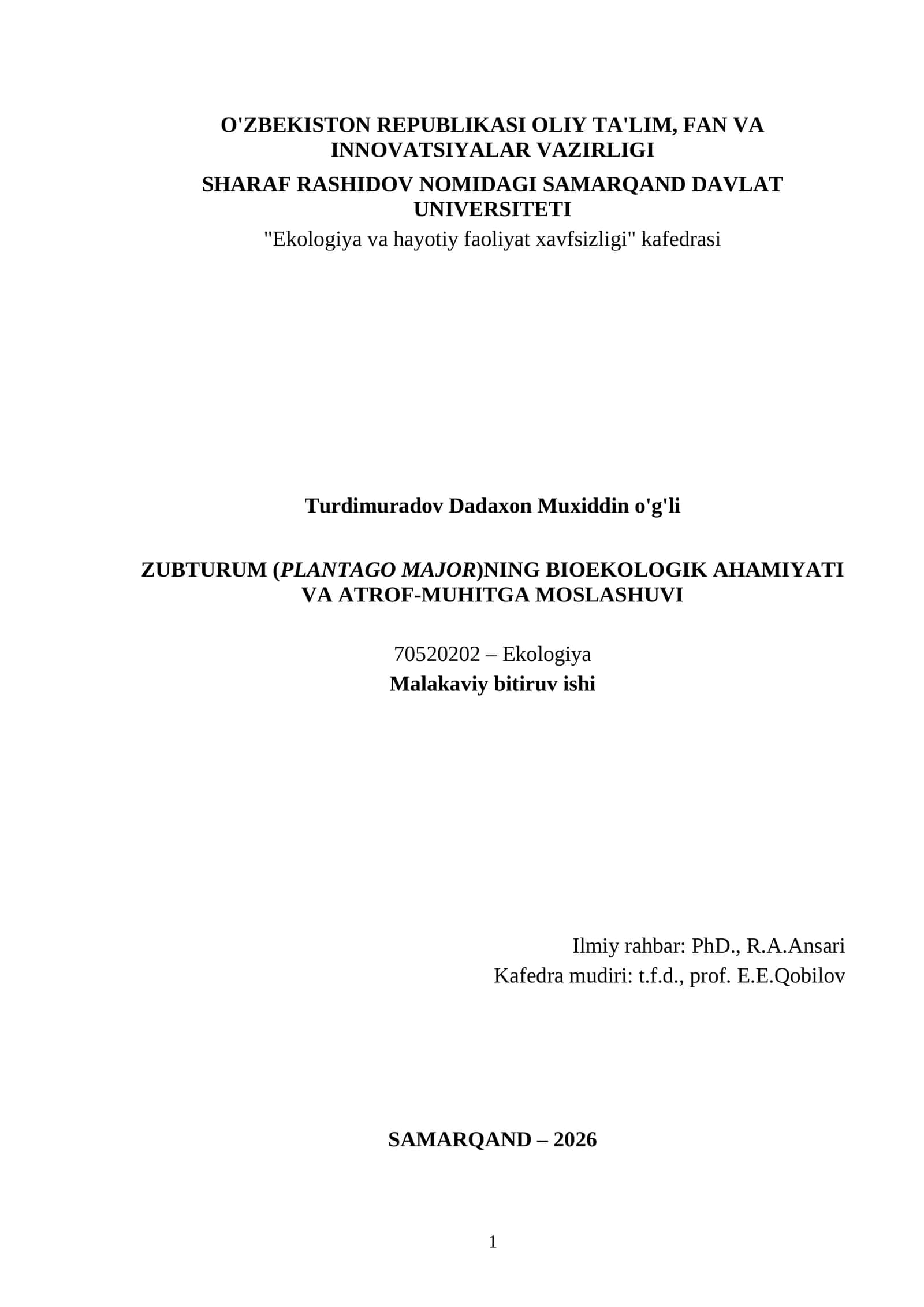 ZUBTURUM (PLANTAGO MAJOR)NING BIOEKOLOGIK AHAMIYATI VA ATROF-MUHITGA MOSLASHUVI 1