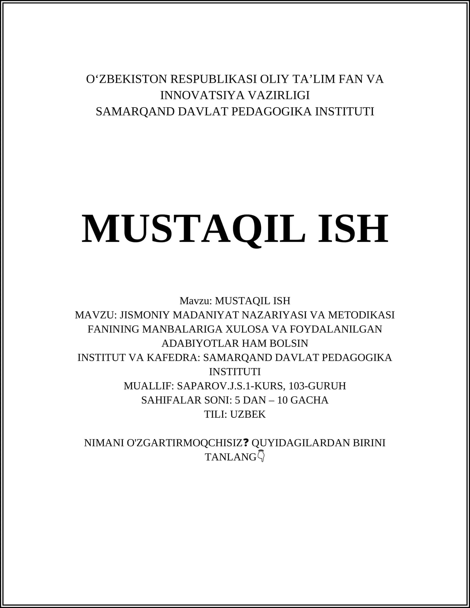 Jismoniy Madaniyat Nazariyasi va Metodikasi Fanining Manbalariga Xulosa va Foydalanilgan Adabiyotlar 1