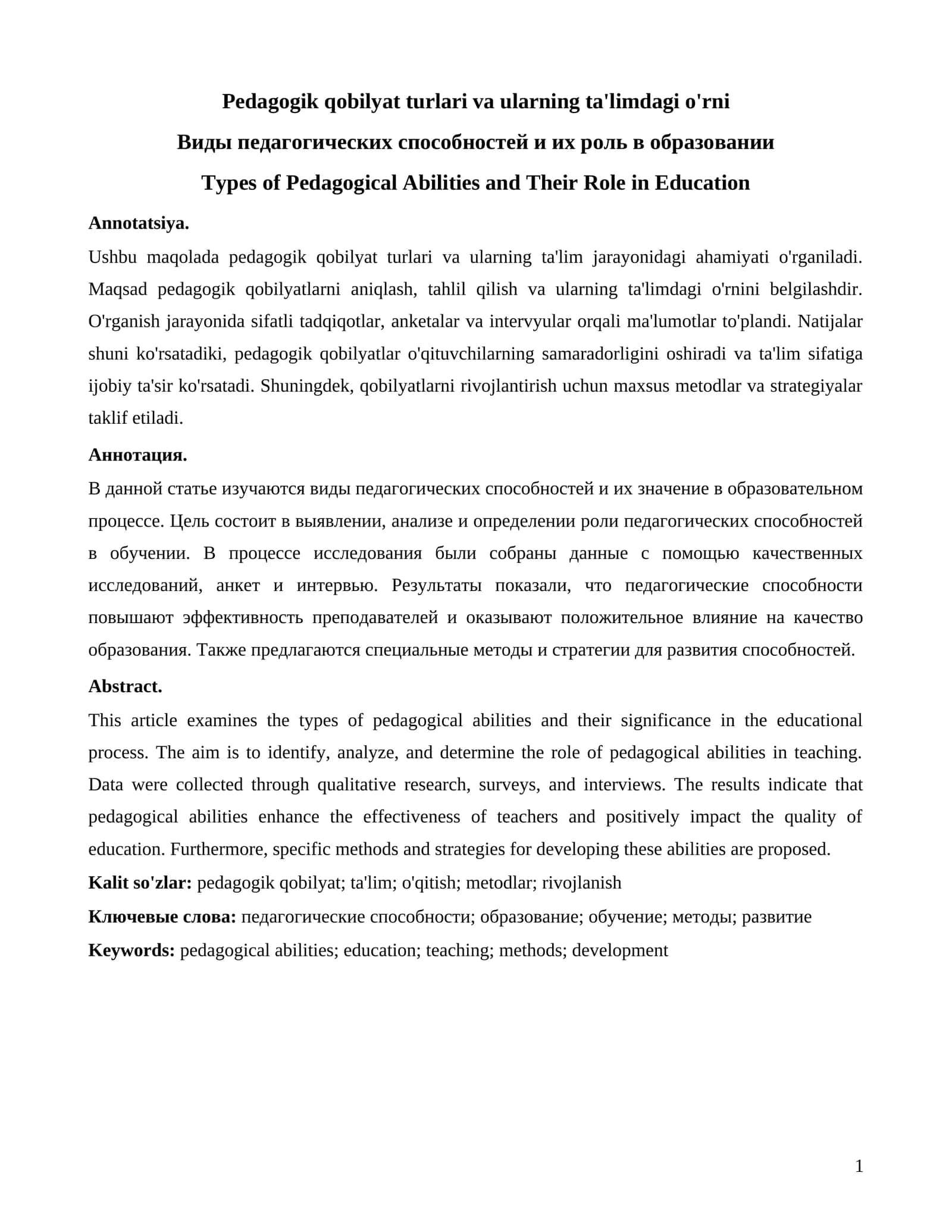 Pedagogik qobilyat turlari va ularning ta'limdagi o'rni 1