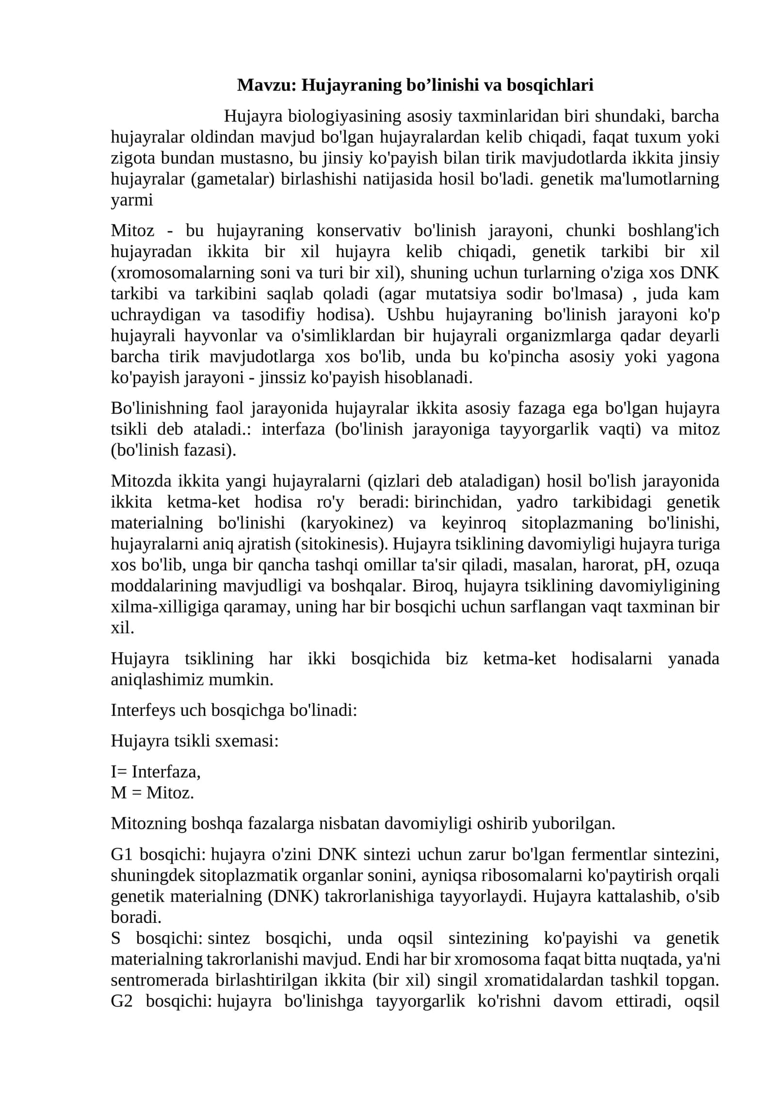 Hujayraning bo’linishi va bosqichlari 1