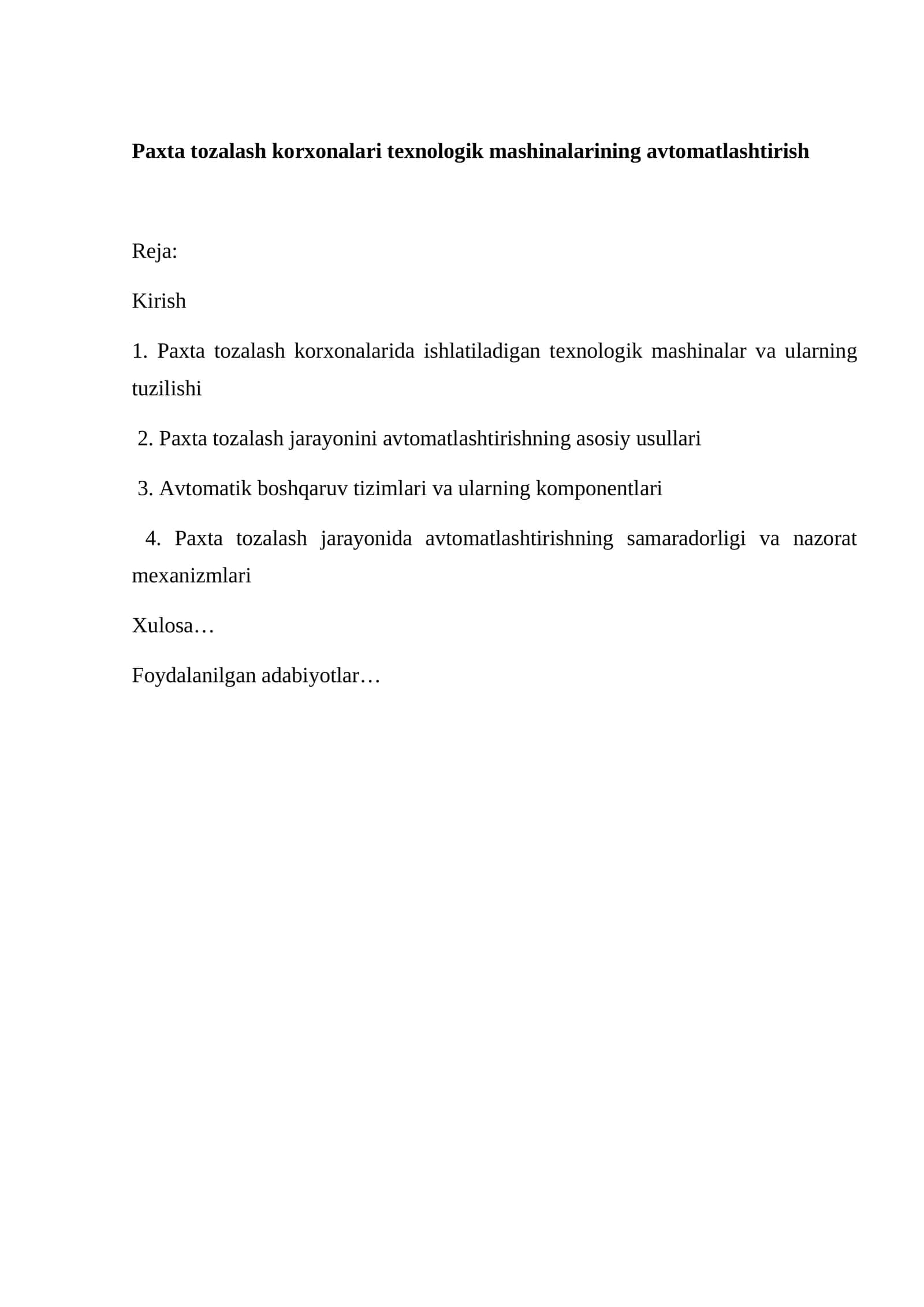 Paxta tozalash korxonalari texnologik mashinalarining avtomatlashtirish 1