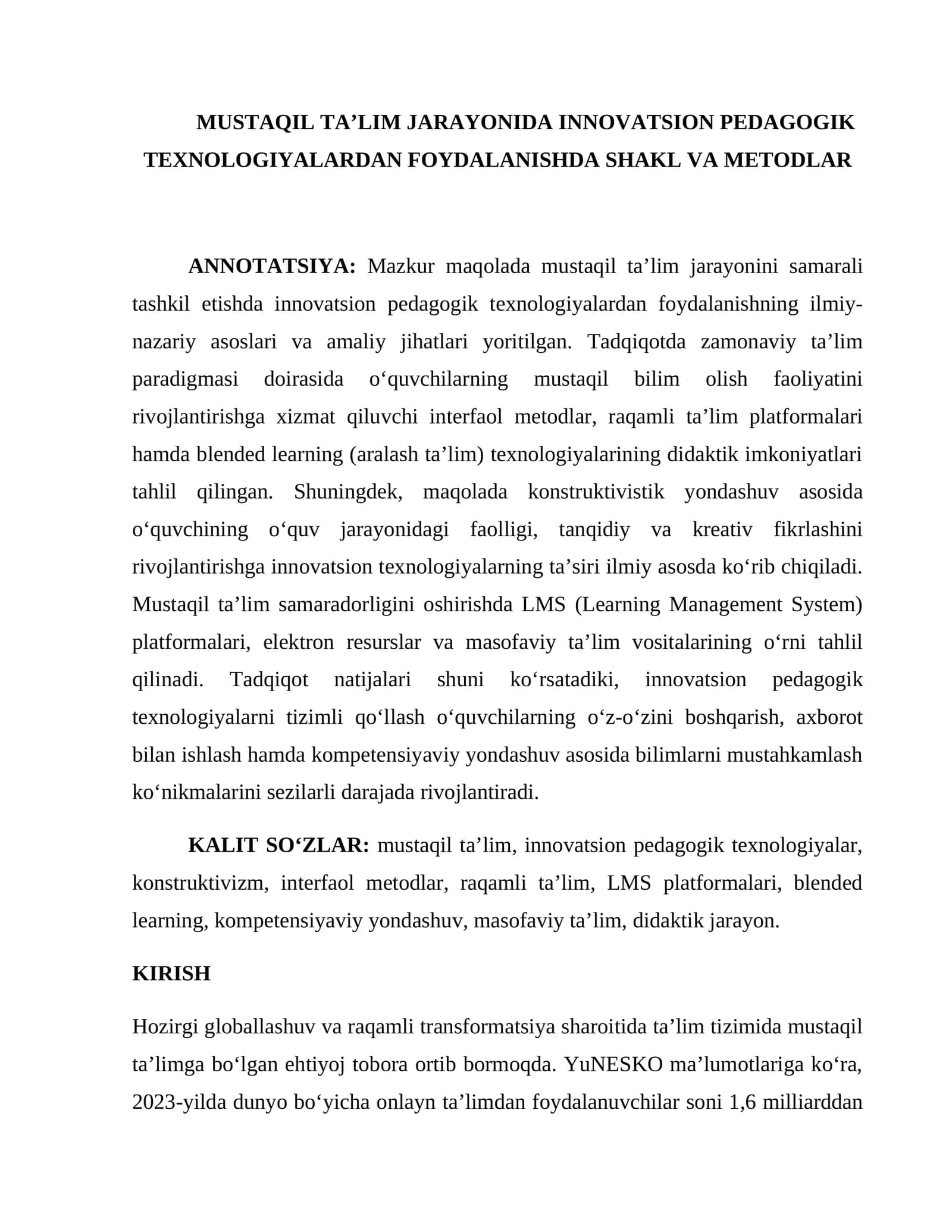 MUSTAQIL TA’LIM JARAYONIDA INNOVATSION PEDAGOGIK TEXNOLOGIYALARDAN FOYDALANISHDA SHAKL VA METODLAR 1