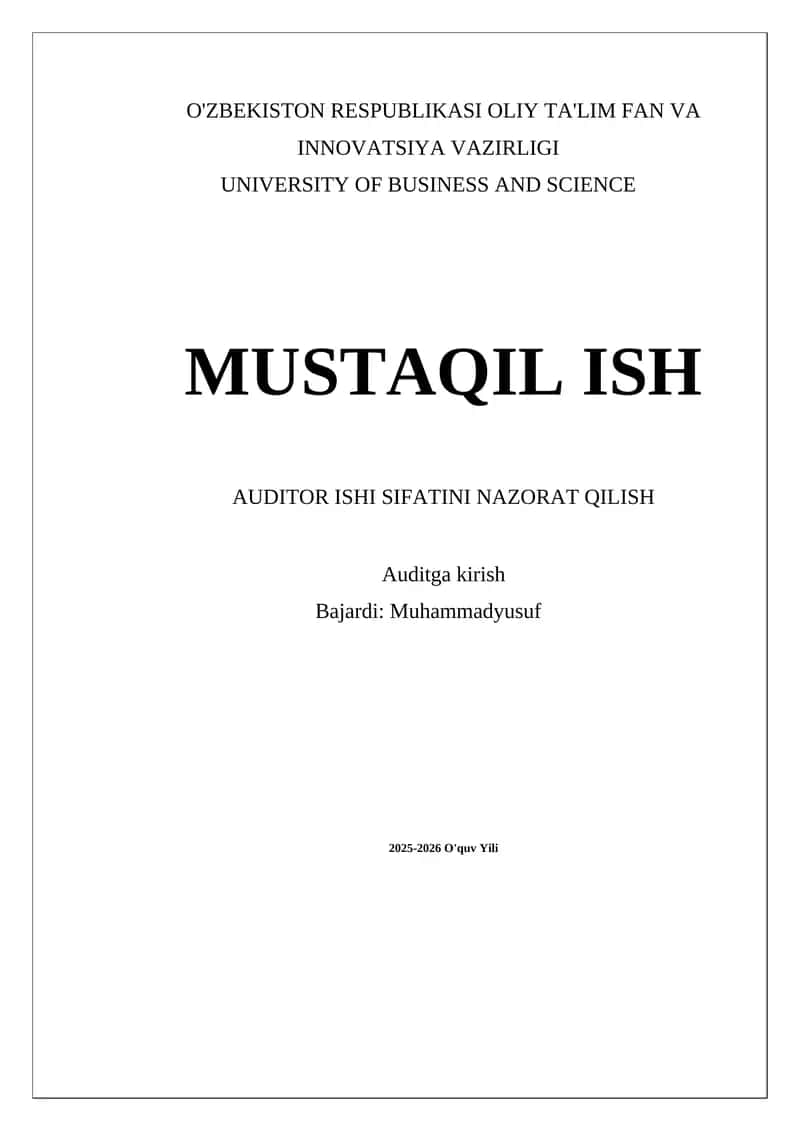 Auditor Ishi Sifatini Nazorat Qilish 1