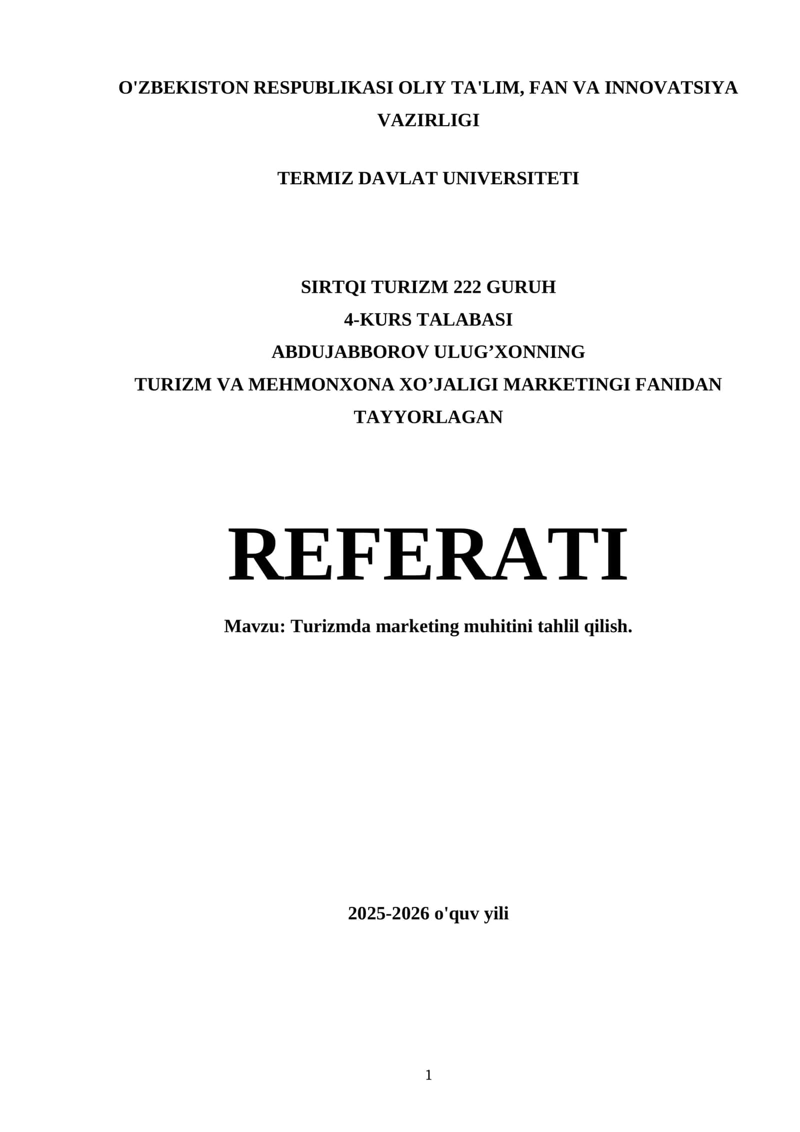 Turizmda marketing muhitini tahlil qilish 1