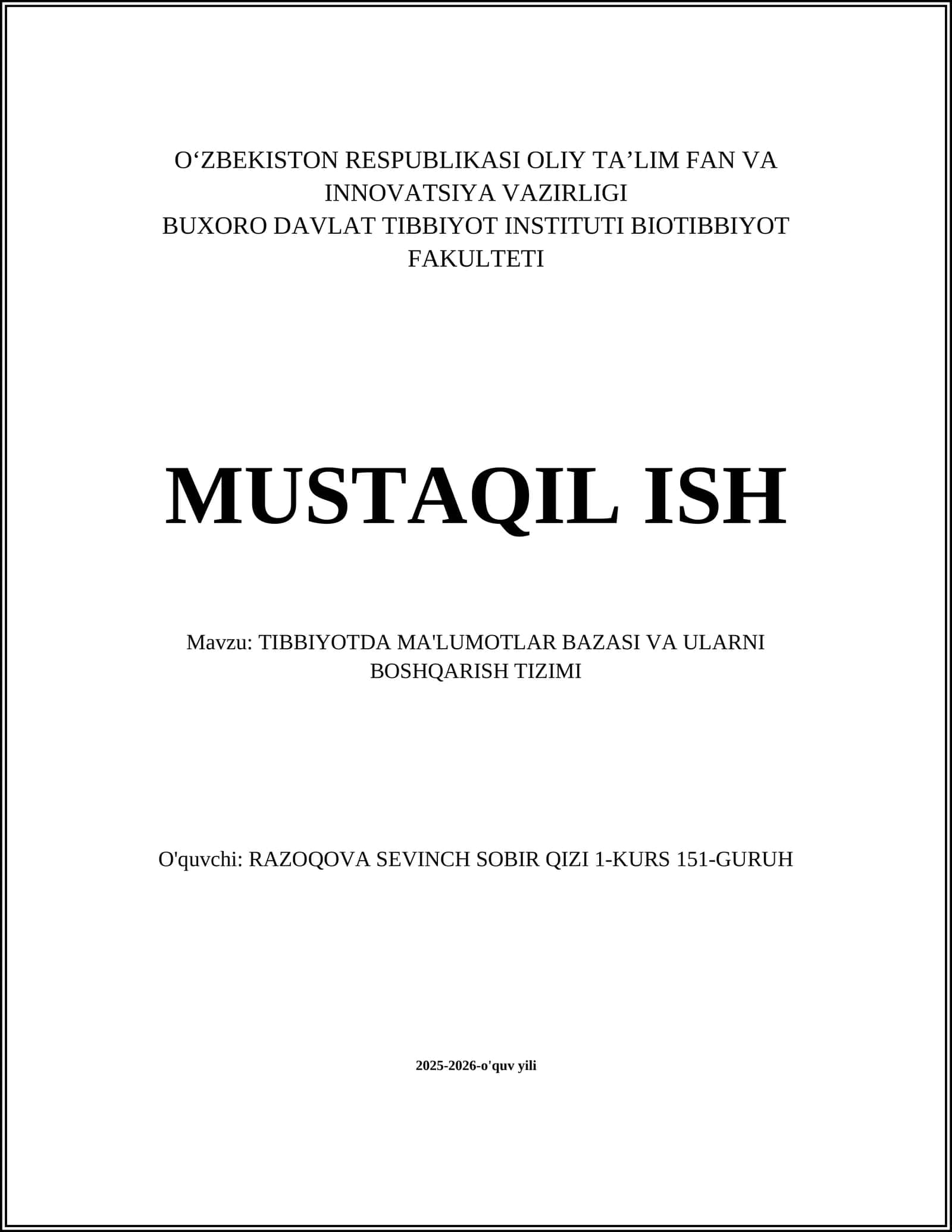 TIBBIYOTDA MA'LUMOTLAR BAZASI VA ULARNI BOSHQARISH TIZIMI 1