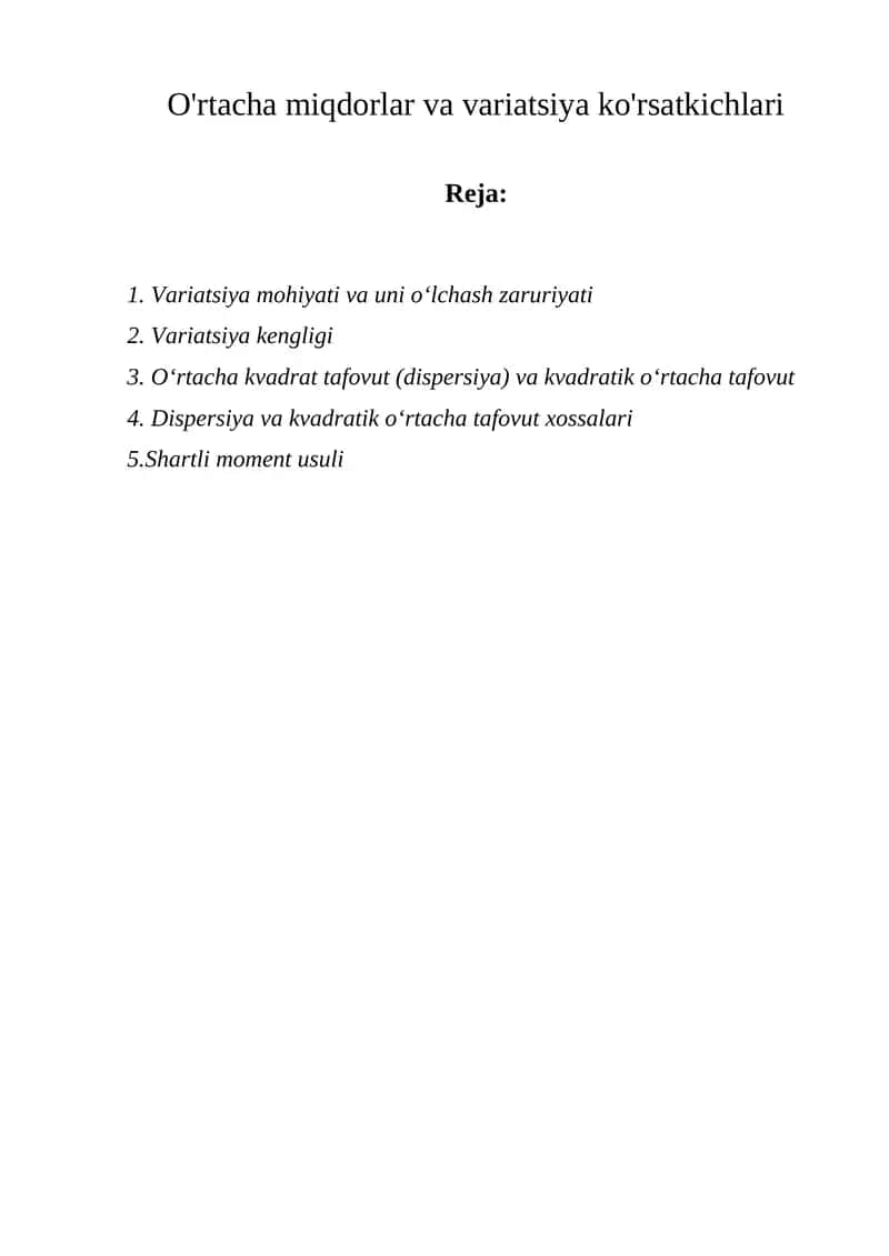 O'rtacha miqdorlar va variatsiya ko'rsatkichlari 1