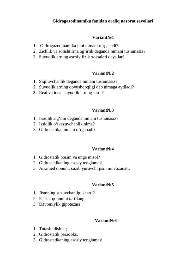 Gidrogazodinamika fanidan oraliq nazorat savollari 1